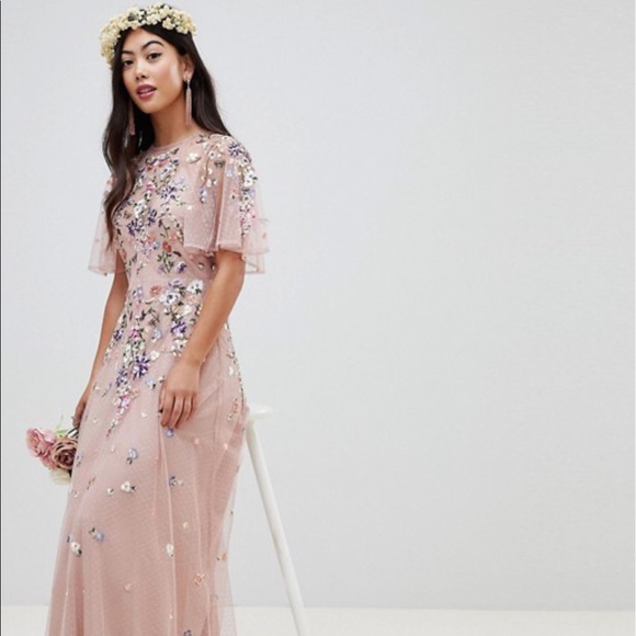 floral embroidered dobby mesh flutter sleeve maxi dress